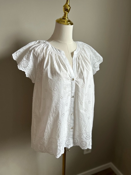 White Eyelet Button-Front Women's Top 100% cotton summer beach abalone buttons - Picture 10 of 10